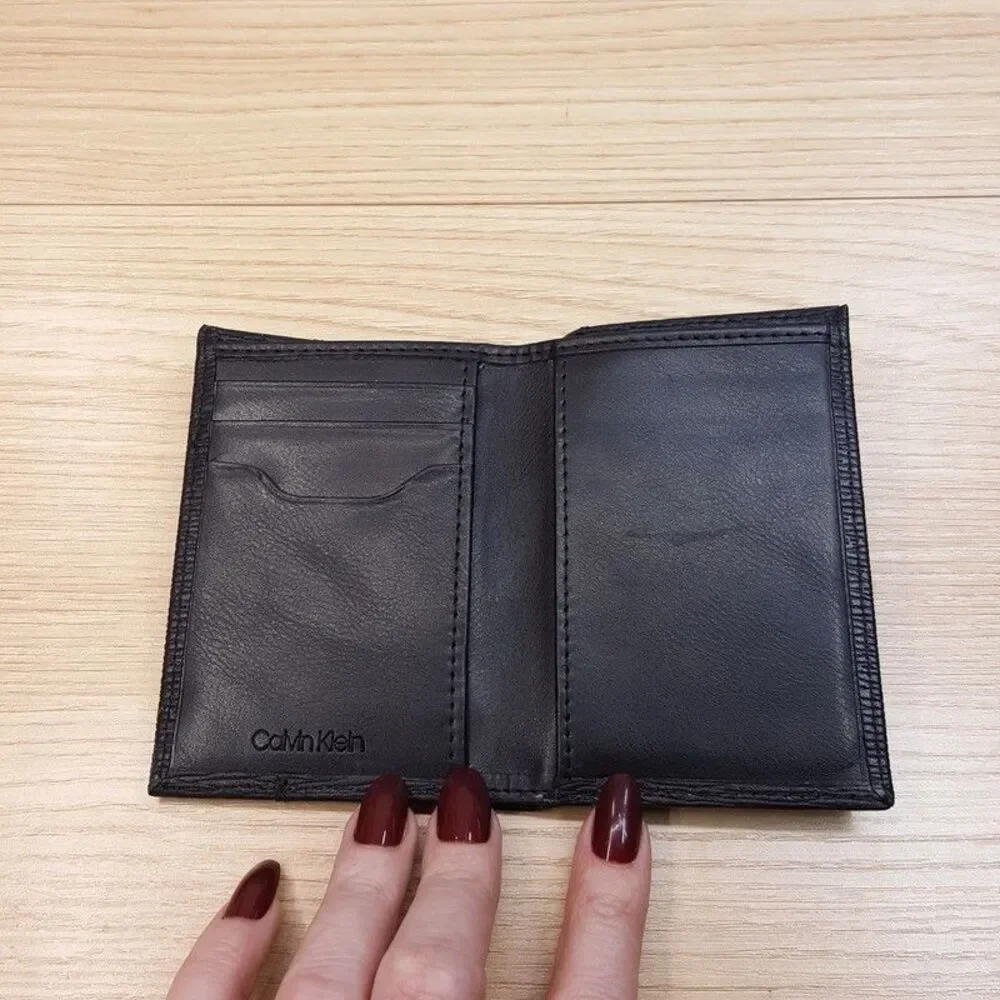 CALVIN KLEIN Mens Wallet Black Textured Leather Duofol Bifold RFID Logo